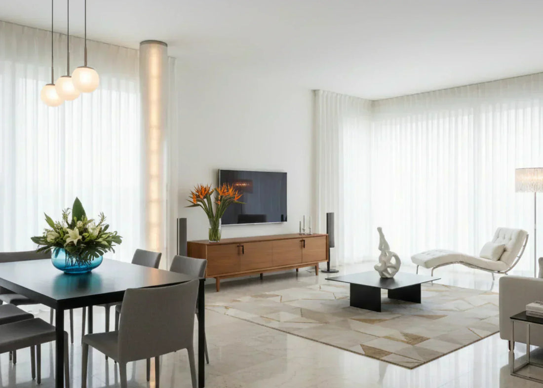 A bright transitional living and dining space with floor-to-ceiling sheer curtains, mid-century furniture, and soft natural lighting.